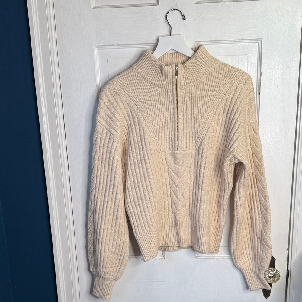Draper James Quarter Gold Zipper Cableknit Sweater in Cream Ivory NEW W2011 Sz S - Picture 4 of 12
